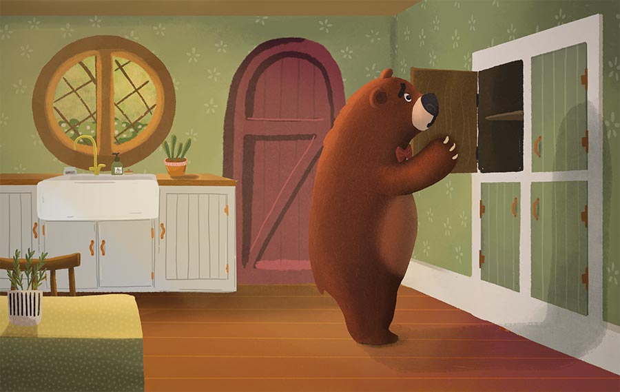 The bear looking in the cupboard