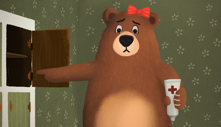 Mrs Bear holding a tube of ointment and pointing at the cupboard with a frustrated look on her face