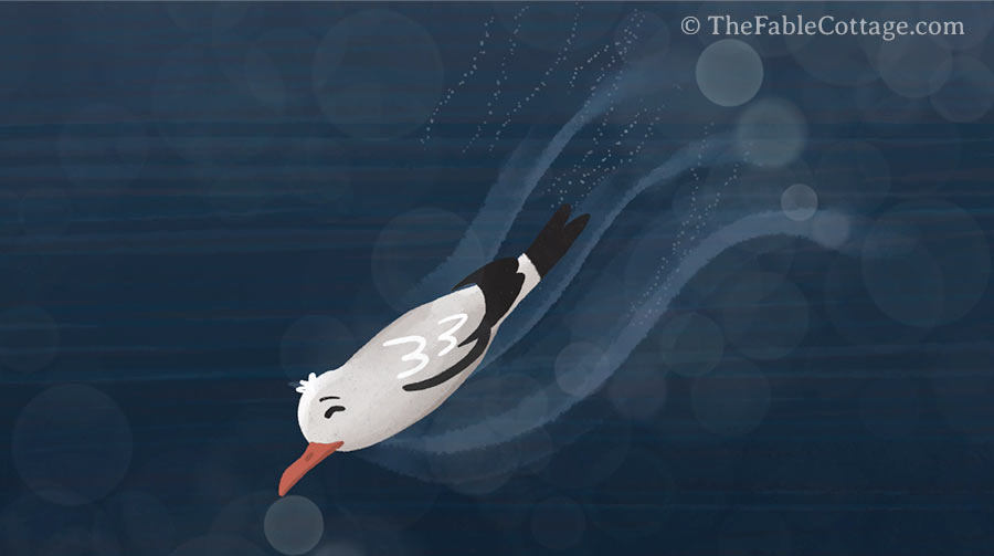 Illustration of the bird diving deep in the ocean