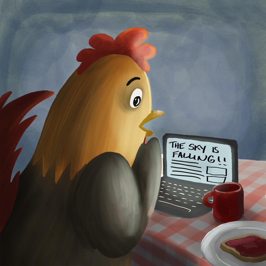 Illustration of Chicken Little seeing the scary article on his computer