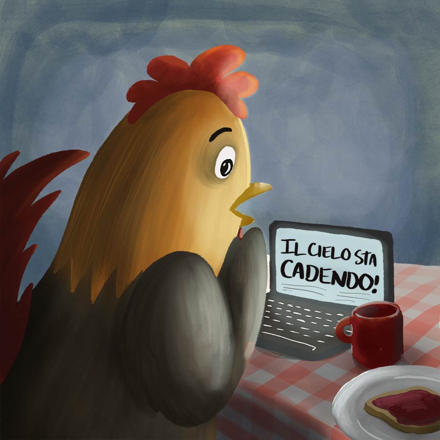 Illustration of Chicken Little seeing the scary article on his computer