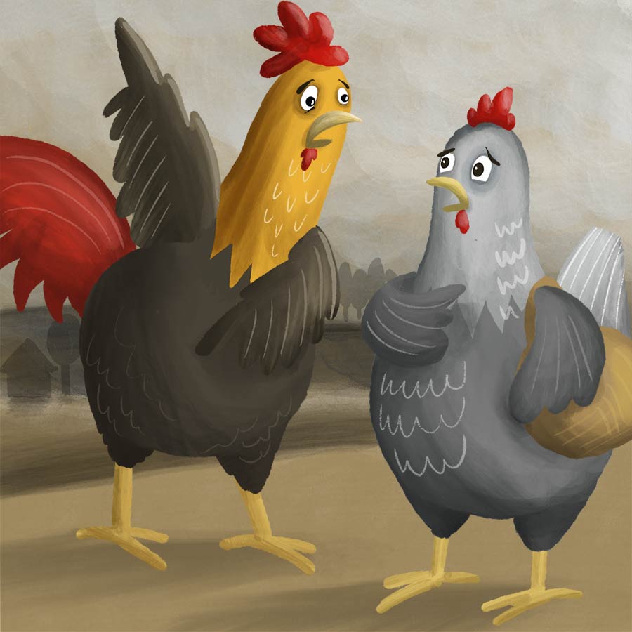 Illustration of Chicken Little talking to the hen, pointing at the sky