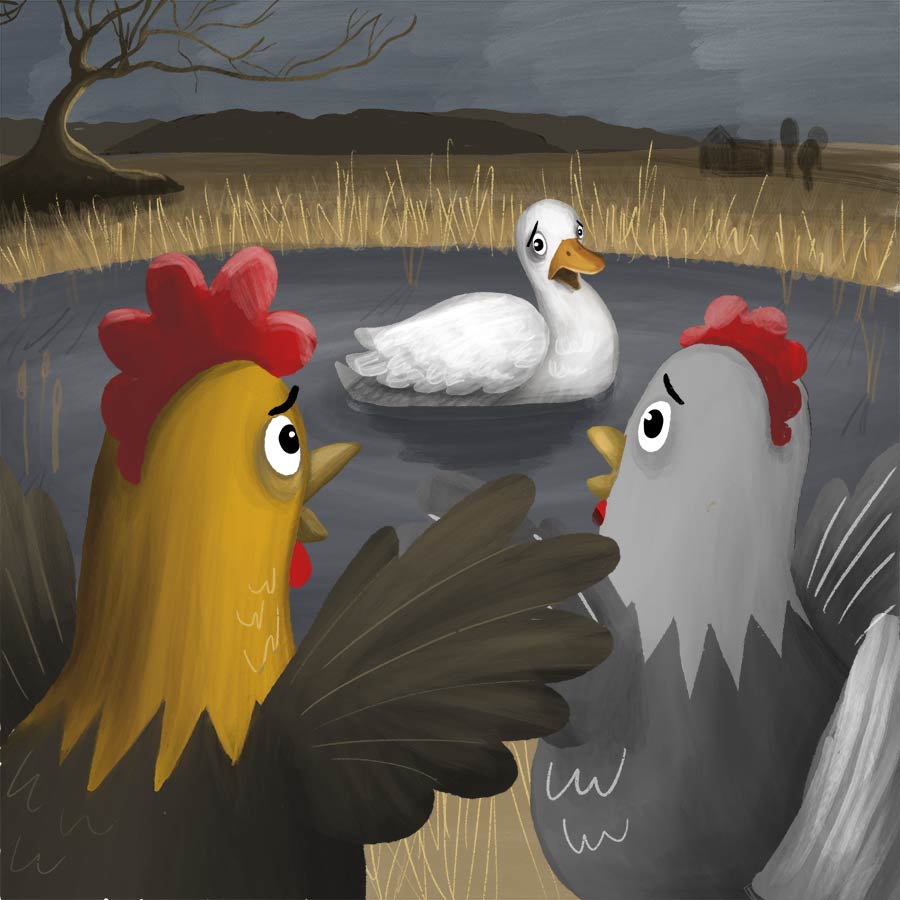Illustration of Chicken Little, the hen and the duck.