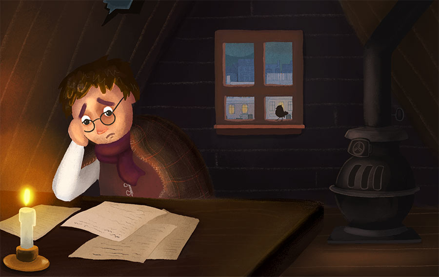 Illustration of the student sitting at his desk, wrapped in a blanket