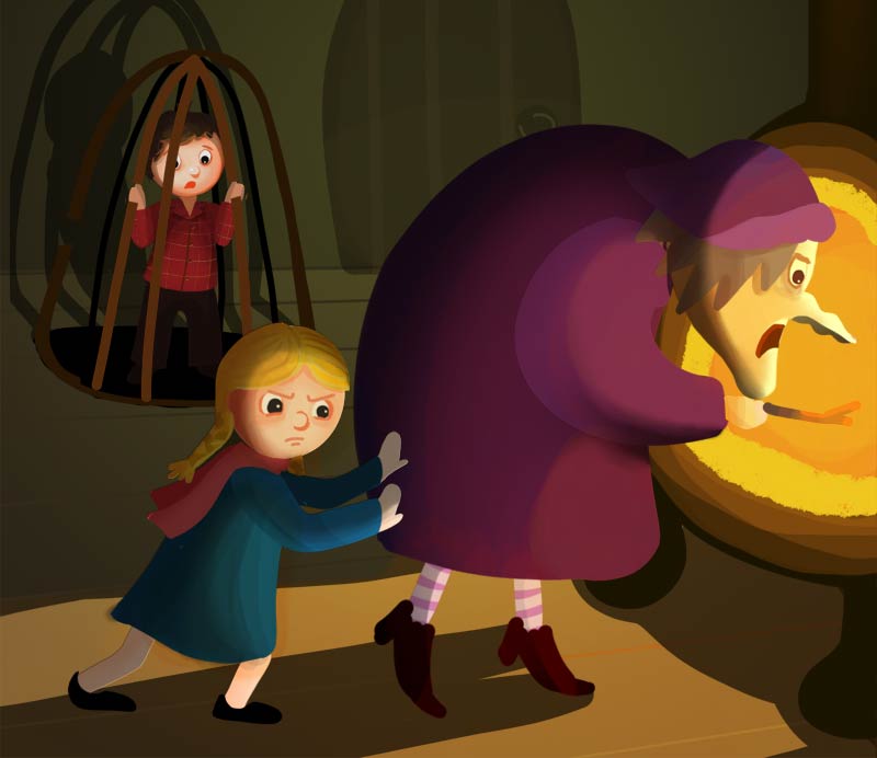 Gretel pushing the witch into the oven