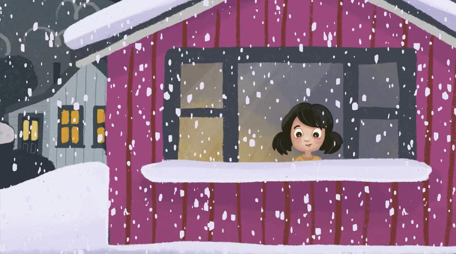 The girl sitting at her bedroom window while it snows outside