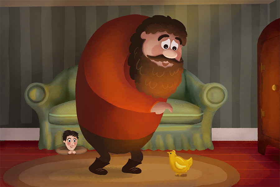 Illustration of the giant standing over the golden hen, smiling. The room is glowing with golden light. Jack is looking out from under the sofa.