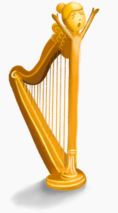 Illustration of the the golden harp, crying with her arms up.