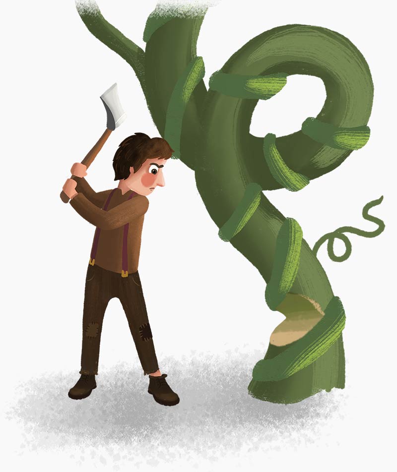 Illustration of Jack chopping the trunk of the beanstalk with a look of determination on his face.