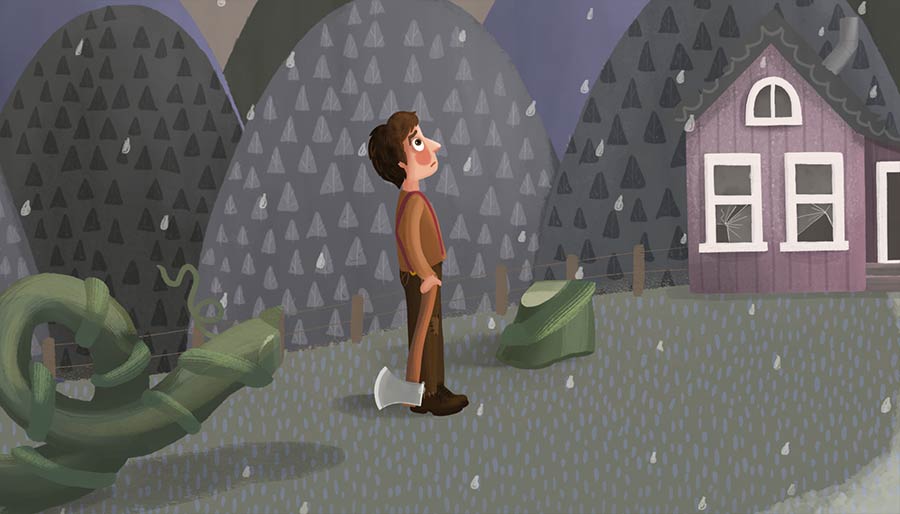 Illustration of Jack staring at the sky as raindrops fall on him. A grey, depressing scene.