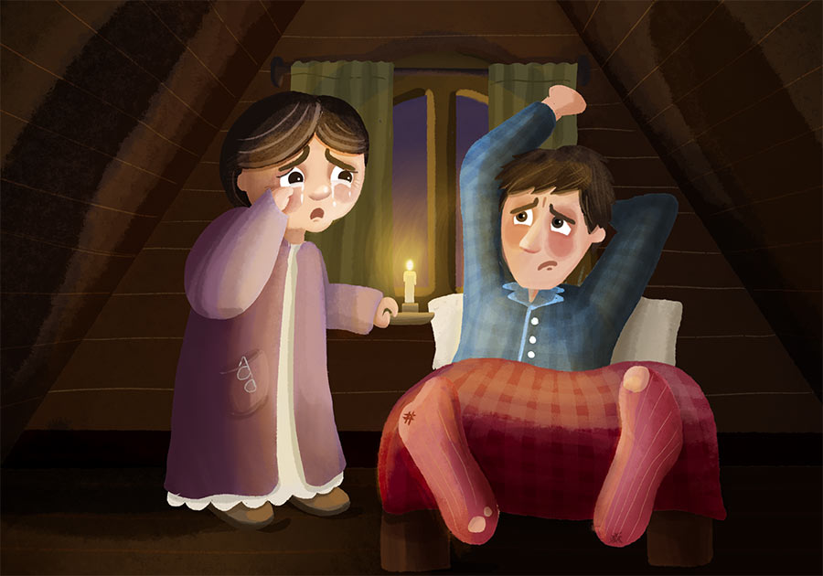Illustration of Jack's mother waking him up in his cramped, dark bedroom in the attic of the house.