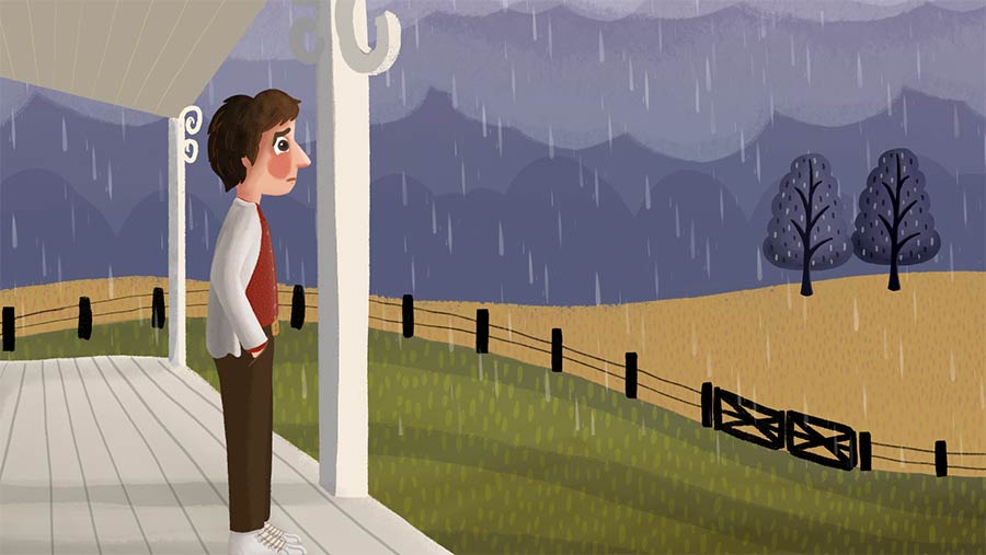 Illustration of Jack standing on his porch, watching the rain, pensive.