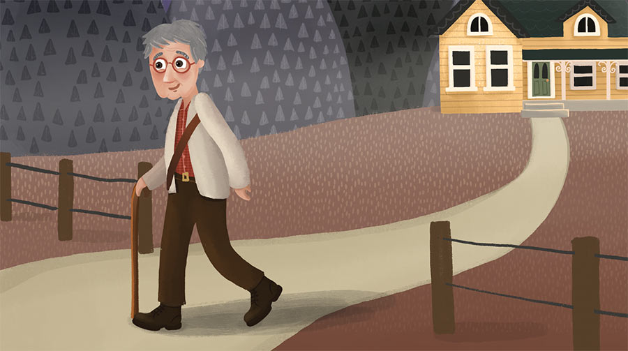 Illustration of an optimistic old Jack, walking out the front gate, looking at the distance and smiling.