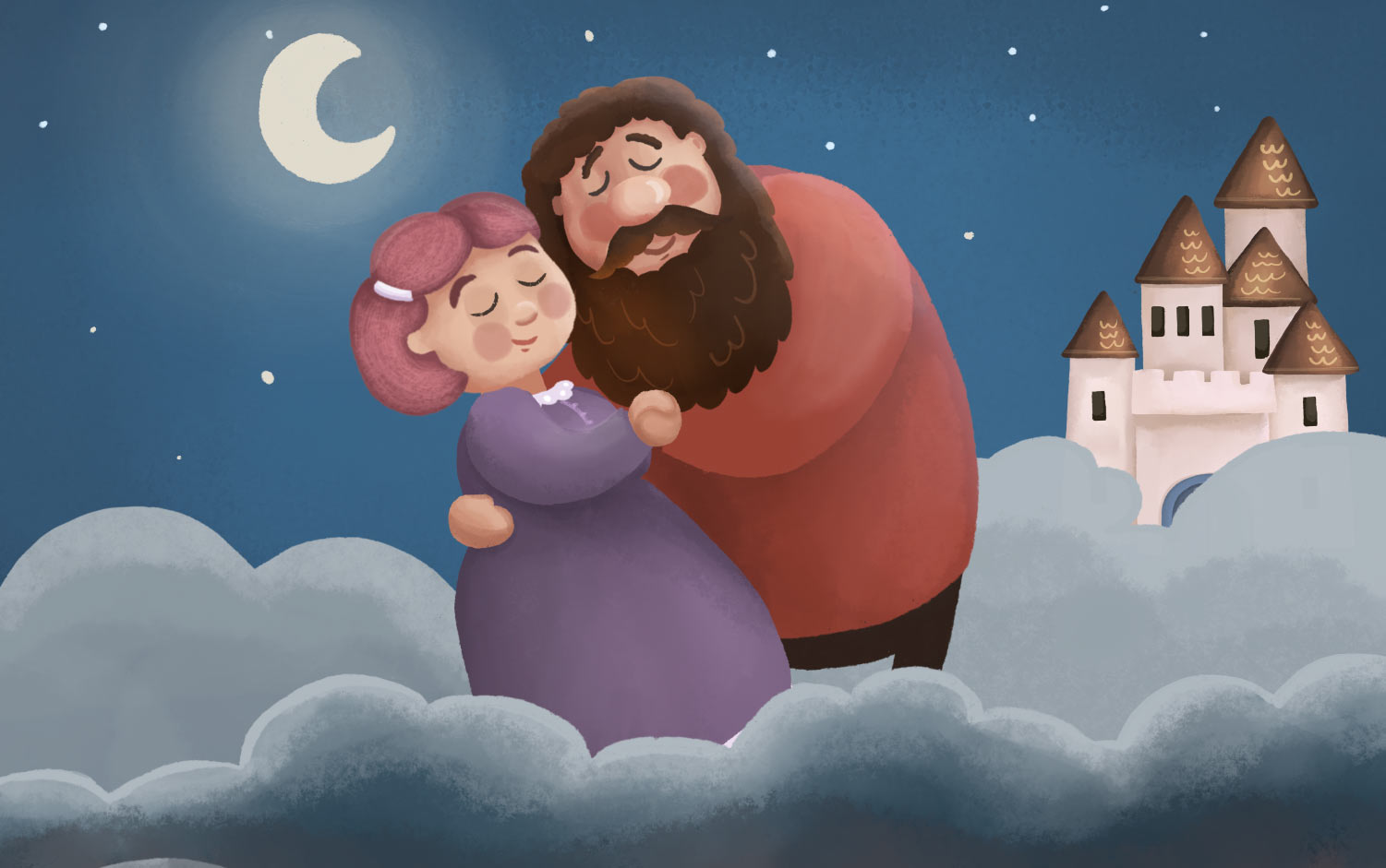 Illustration two giants dancing in the clouds, under the moon and stars, with the castle in the distance. They are smiling contentedly and haven't aged a day.