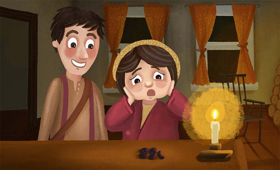 Illustration of Jack showing beans to his mother. She is clasping her face in horror. Jack is grinning enthusiastically, oblivious.