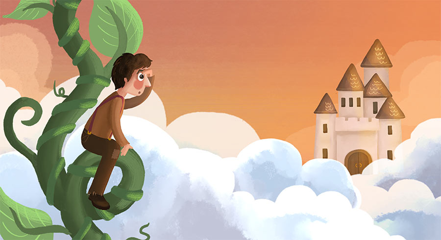 Illustration of Jack at the top of the beanstalk, staring at a white castle glowing in the distance.