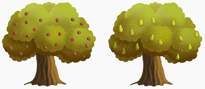 Two trees: one is an apple tree, one is a pear tree