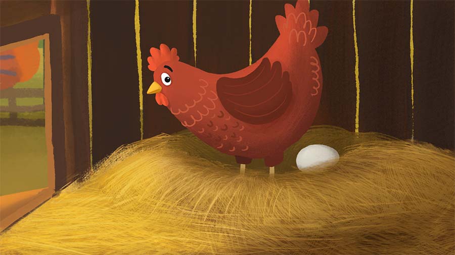 the red hen laying an egg