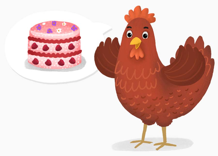 The excited hen with a speech bubble containing a raspberry cake 