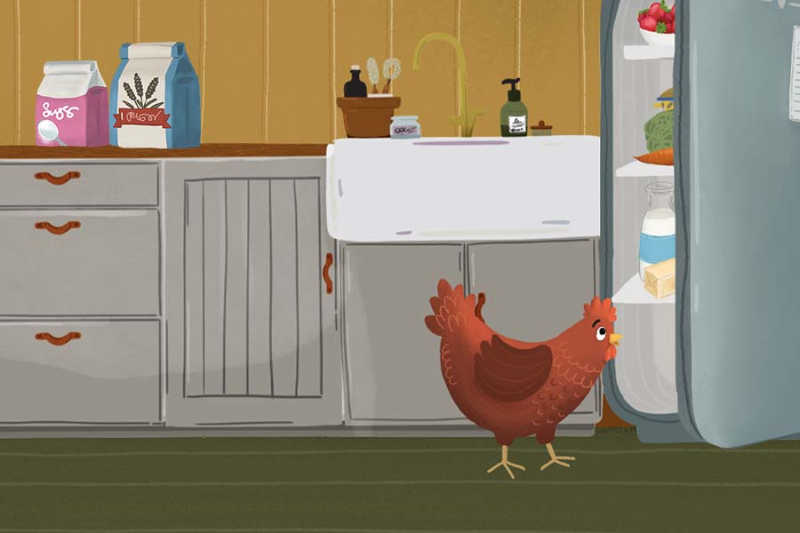 the hen in front of the open fridge