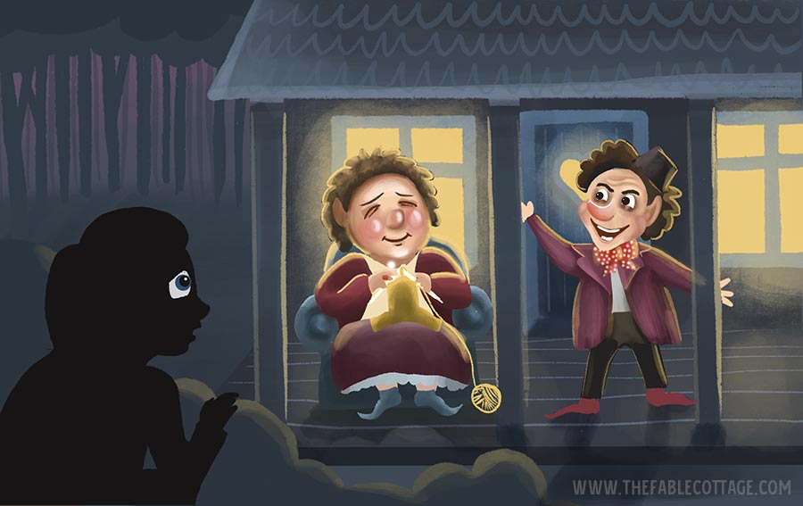 Illustration of a woman knitting on a porch, with the little man beside her. Sophie is behind a bush.