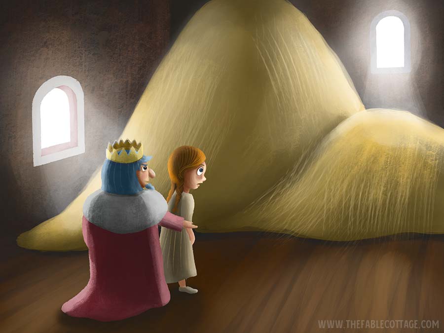 Illustration of the King showing Sophie a whole room full of hay