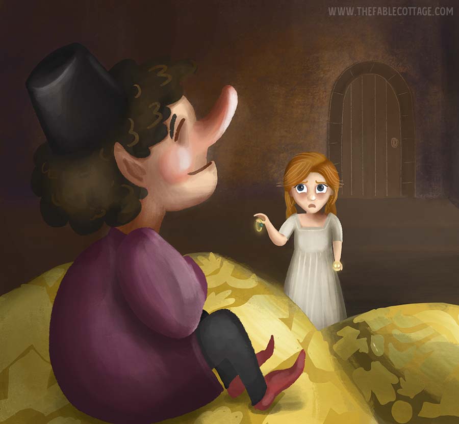 Illustration of the little man refusing Sophie's offer