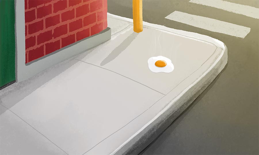 Illustration of an egg frying on a sidewalk