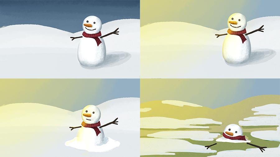 Illustration of a snowman melting in the sun