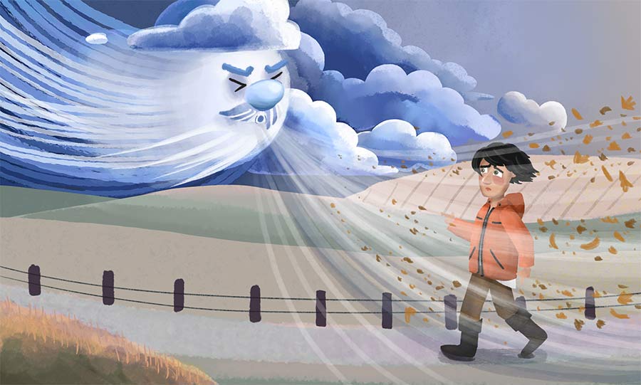 Illustration of the wind blowing a strong gust on the man